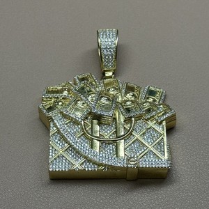 Authentic 925 Sterling 14k Gold Plated Money Bag Dollar Stack Pendant 36g 10mm Bail