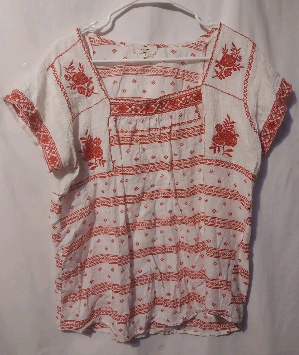 Entro Peasant Top Floral Embroidered Short Sleeve Blouse White/Red Sz L