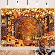 10x8FT Fall Window Backdrop Autumn Harvest Pumpkins Maple Leaves Vinyl Photo