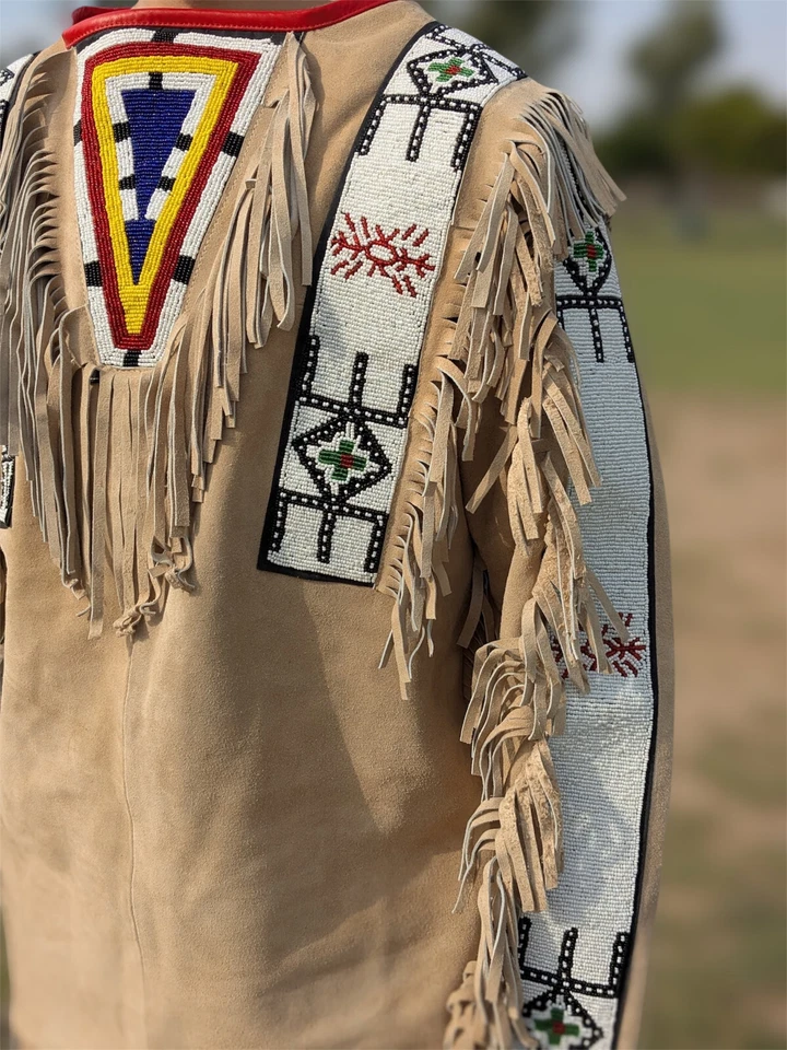 Western Men's Beige Suede Fringe War Shirt with Native‑Style Beaded Detailing - Image 3 of 4