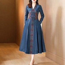 Retro Ethnic Style Denim Dress Womens Long Sleeve V Neck Swing A Line Embroidery