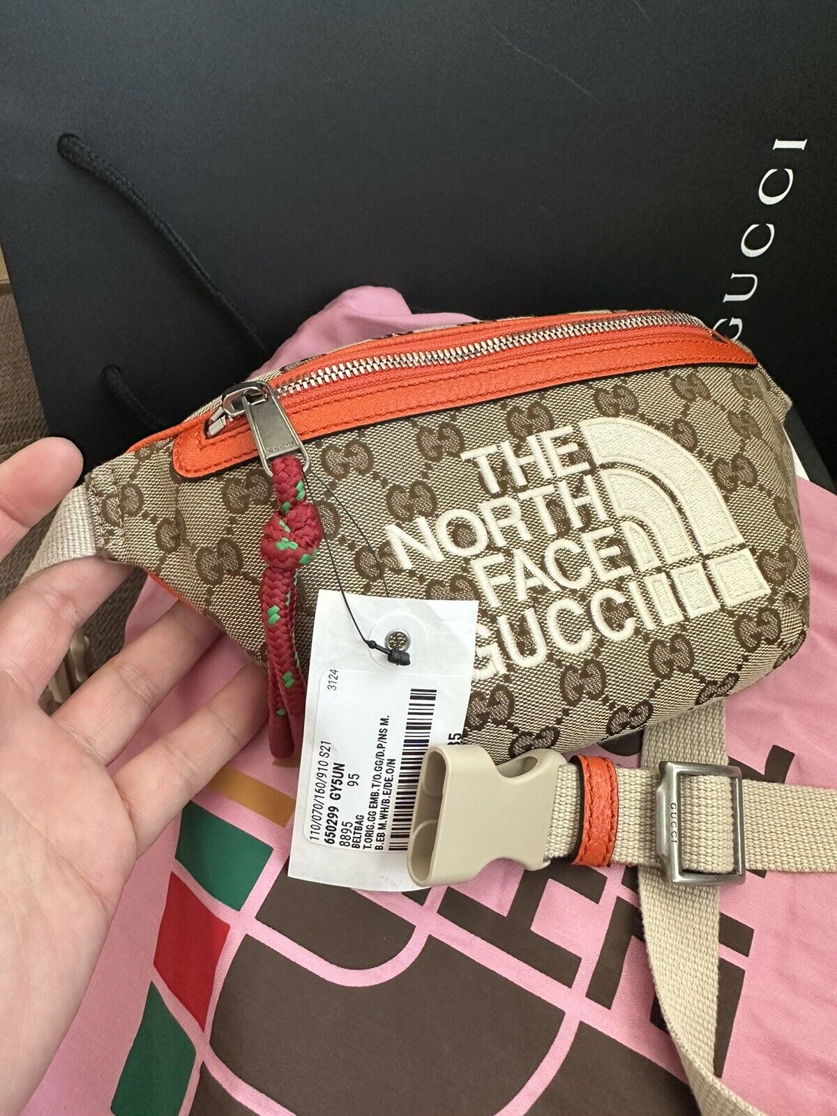 Gucci x The North Face Zip Belt Bag GG Canvas Leather Orange Unisex Orig  Box!!