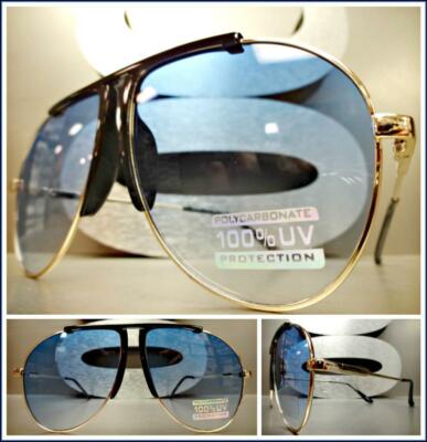CLASSIC VINTAGE RETRO Style SUN GLASSES Lightweight Gold Frame Light Blue Lens