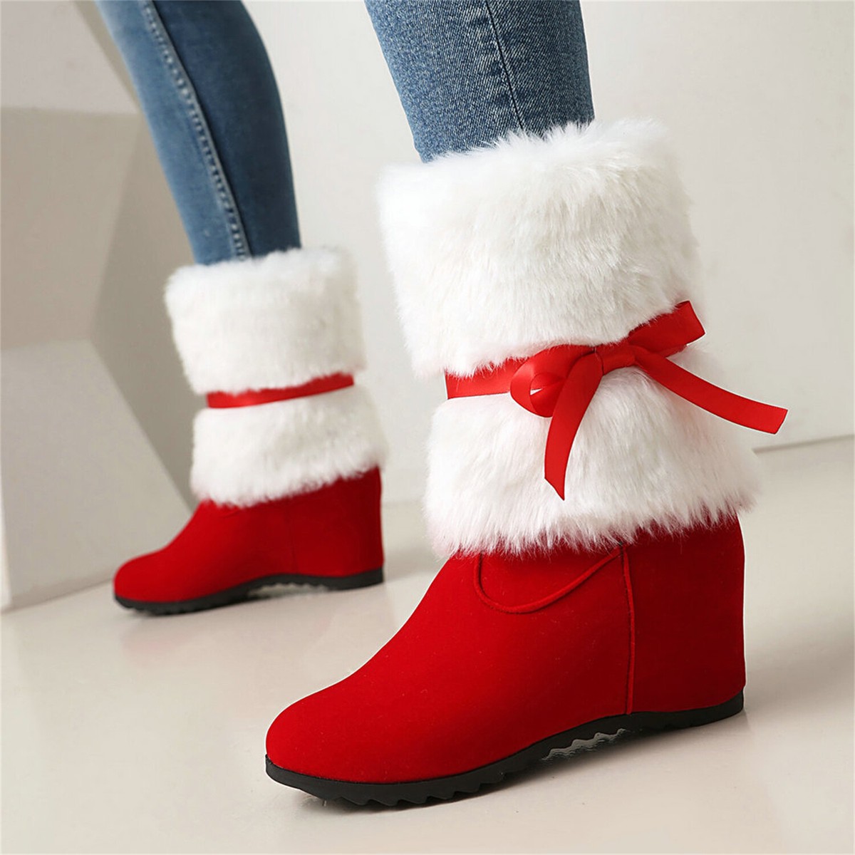 Women's Hidden Wedge Bowknot Fuzzy Short Bootie Warm Winter Shoes