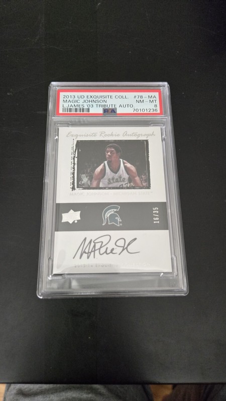 2013-14 MAGIC JOHNSON UD EXQUISITE AUTO LeBRON JAMES 03 TRIBUTE SP PSA 8 #16/35!