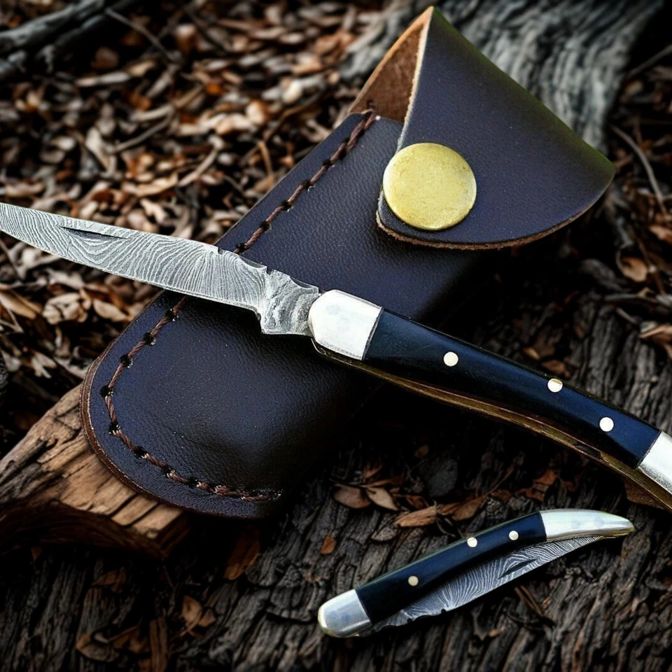 Handmade Damascus Steel Pocket Knife Folding Knife Buffalo Horn Handle w/Sheath - Image 2 of 4