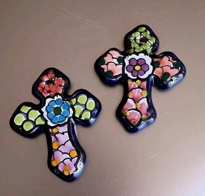 Set of Two Mini Talavara Hand Painted Mexican  Crosses With Hole