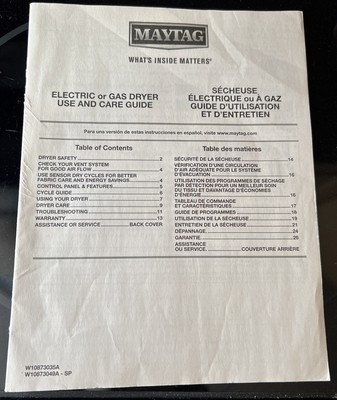 Maytag Bravos Electric or Gas Dryer Manual Guide W10873035A