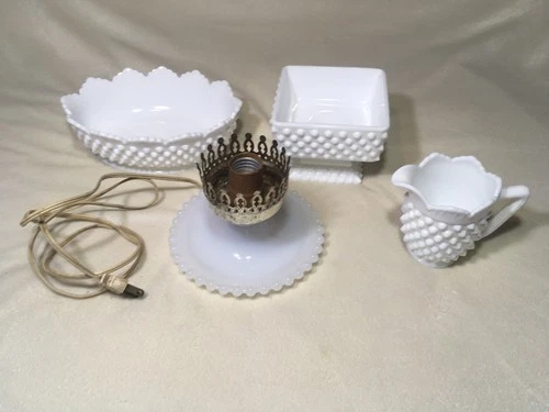 4 Pc Lot Vintage MCM Milk Glass Hobnail Bowls Creamer & Working Lamp