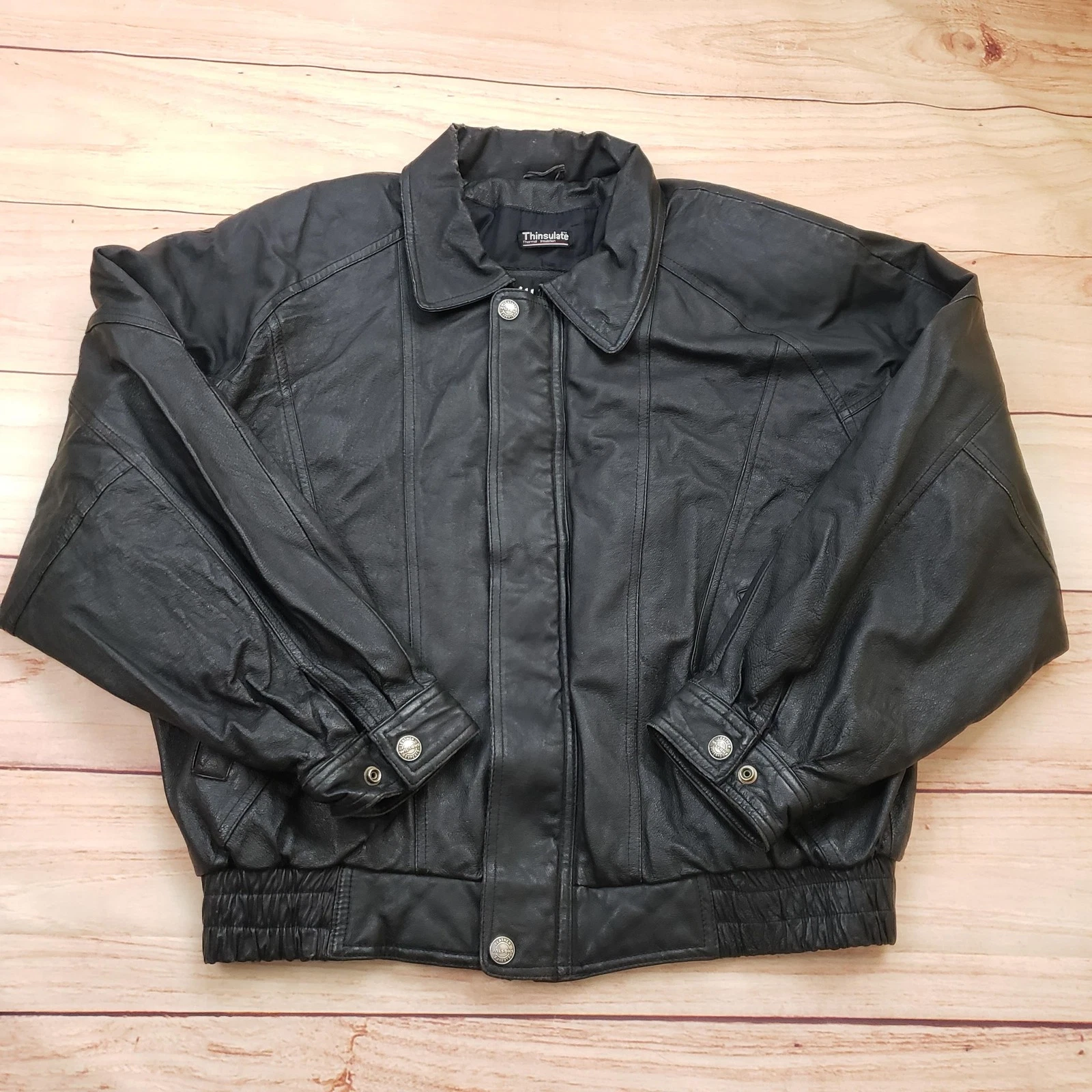 Wilsons Leather Jacket Mens Large Black Thinsulate Bomber Zip Up Warm Coat