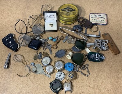 Vintage Estate Junk Drawer Lot Jewelry Pins Eyeglasses WATCHES PINS CUFF MORE