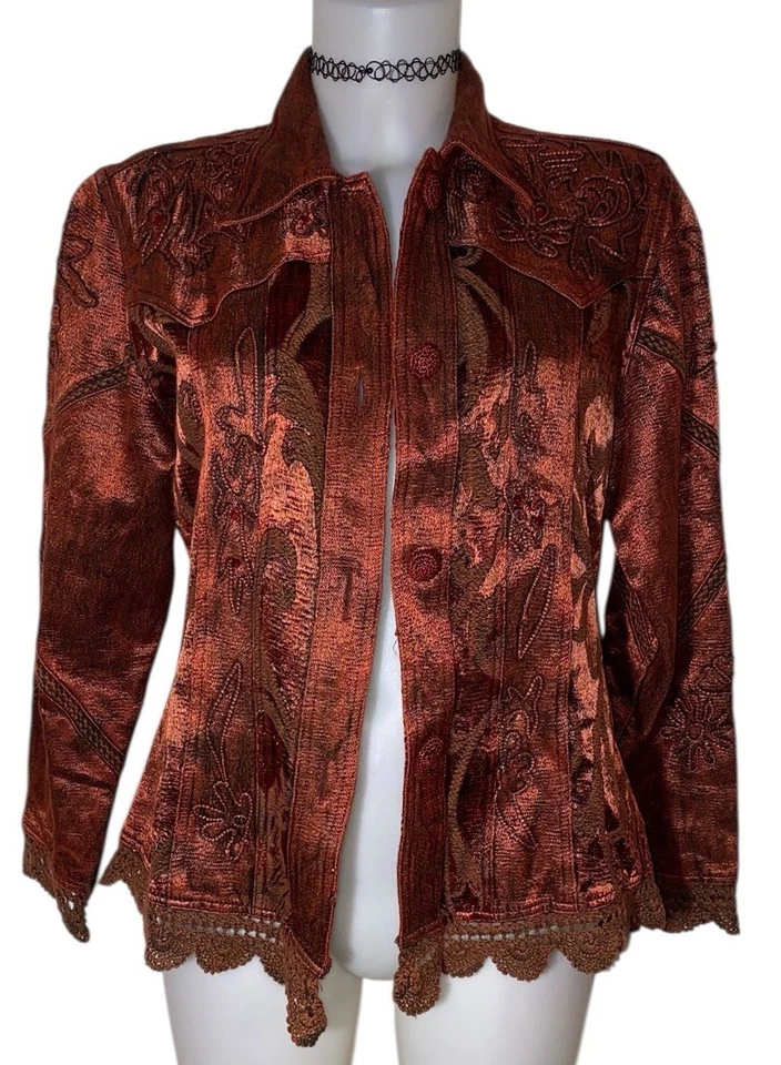 Vtg Flashback Sz S Womens Rust Floral Velvet Crochet Whimsigoth Blazer Jacket - Image 2 of 4