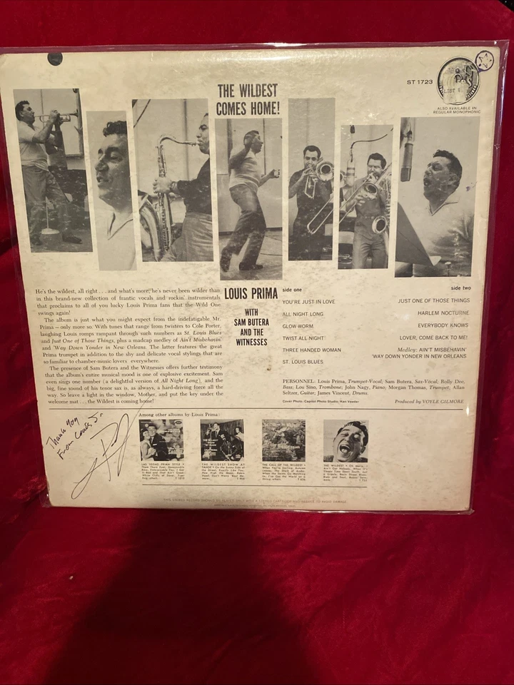 Louis Prima LP The Wildest Comes Home -Capitol -G+ Vinyl- Signed By Louis Jr! - Image 2 of 4