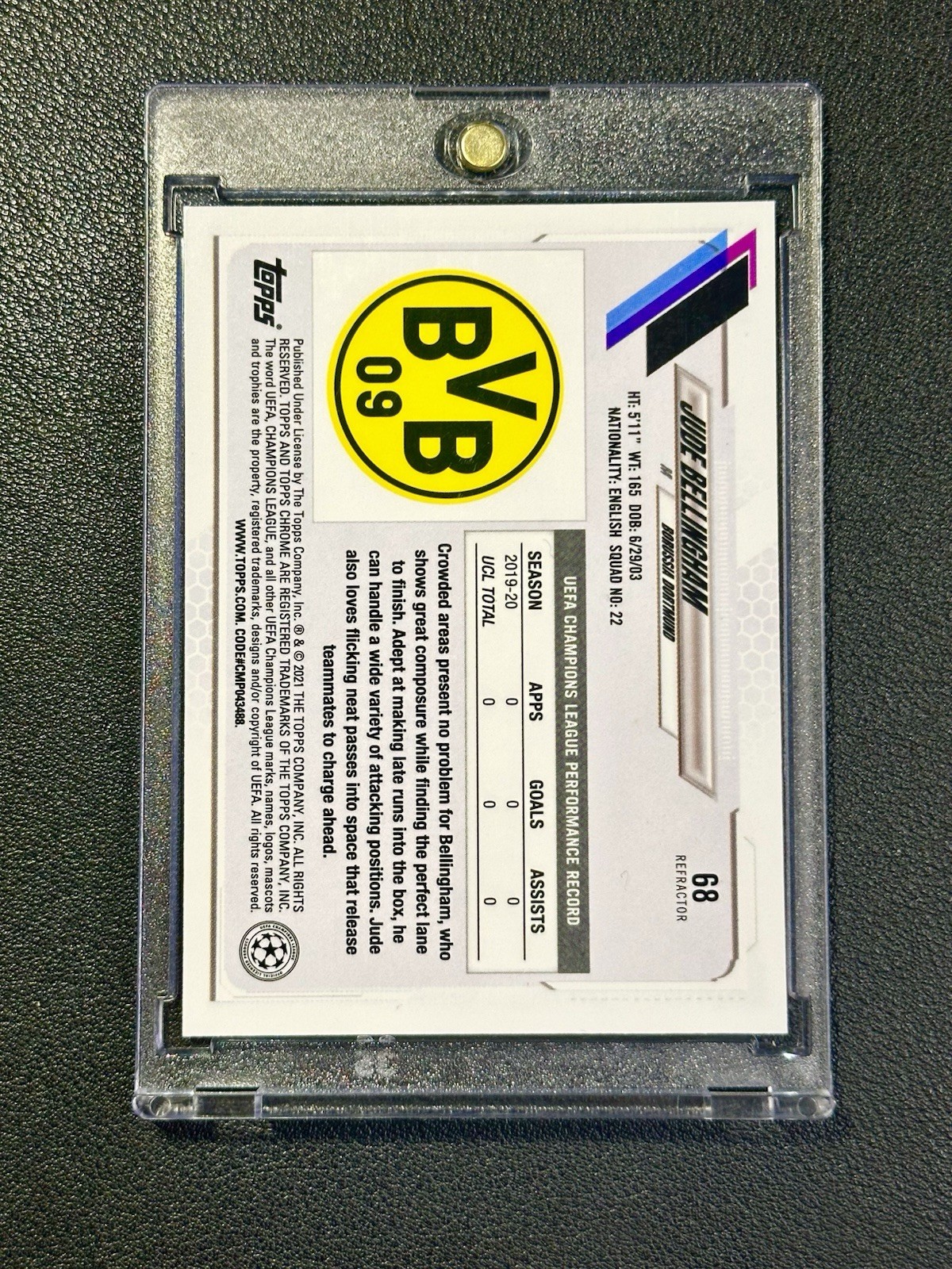 2021 Topps Chrome UEFA Jude Bellingham #68 Rookie Refractor Borussia Madrid view 2