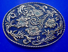 Western Oval Flower Swirl Ornate BLUE Silver Color Cowgirl Cowboy Belt Buckle