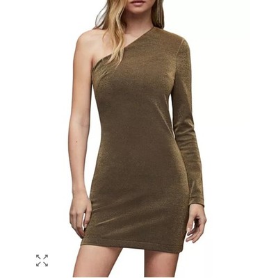 AllSaints Dari Gold Metallic One Shoulder Long Sleeve Mini Dress Sz 2 Glam