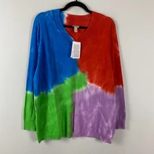 LOGO by Lori Goldstein Double V-Neck Tie Dye Sweater Size Large Pullover Cotton