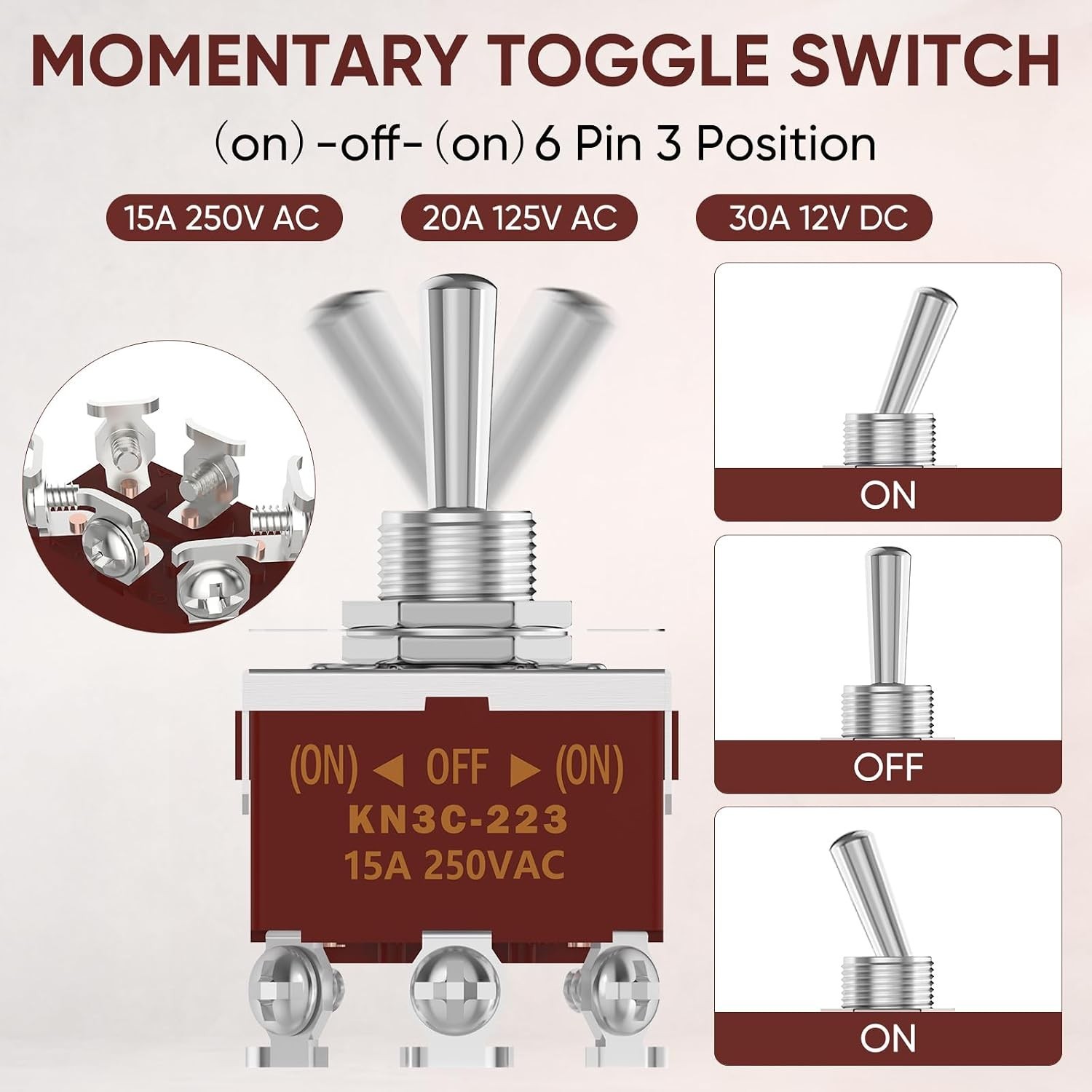 Switch Filter Pin Momentary Toggle Switch, 6 Pin DPDT (On)-Off-(On) 30A 12VDC/15A 250VAC ...