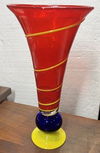 Vintage Murano Style Art Glass Vase Multicolor Red Yellow Blue Hand Blown 14-1/4