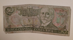 1991 Costa Rica 50 Colones Note - Worn - CIrculated - Free Shipping