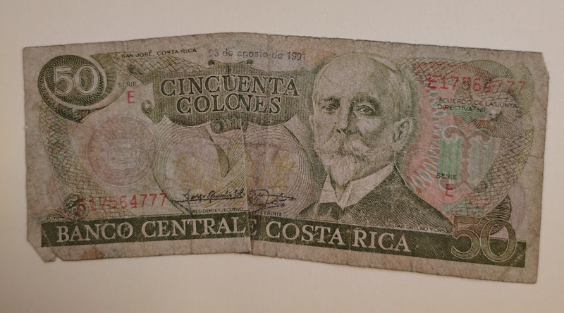 1991 Costa Rica 50 Colones Note - Worn - CIrculated - Free Shipping