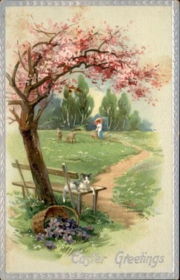 Easter Girl in Blossom Meadow Spring Scene Tuck c1900s-10s Vintage Postcard