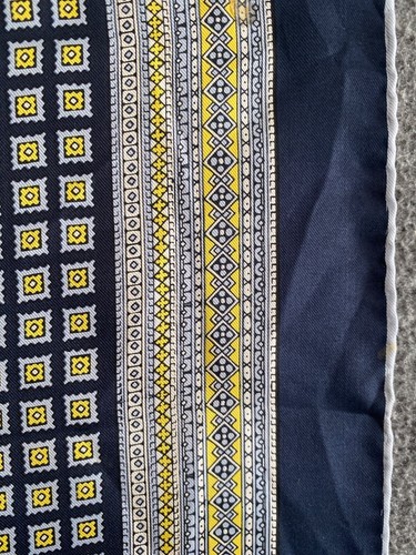 VTG Hand rolled Pocket Handkerchief Blue Gold Square Geometric Silk Japan - Picture 7 of 9