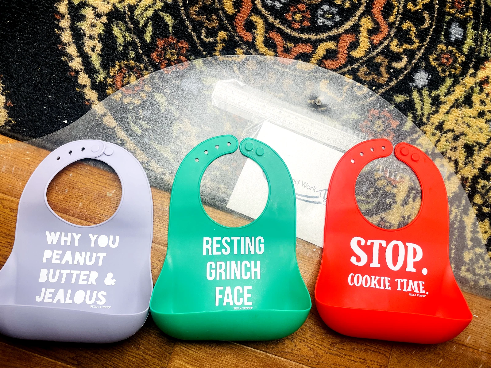 Bella Tunno - Silicone Baby Bibs, 3 each, peanut butter , grinch, cookie. CUTE!