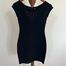 GUESS Size S Black Embroidered Boat Neck Bodycon Bandage Cap Sleeve Mini Dress