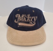 VTG Disney Mickey Mouse Script Font Snapback Hat Ball Cap Blue Gold USA