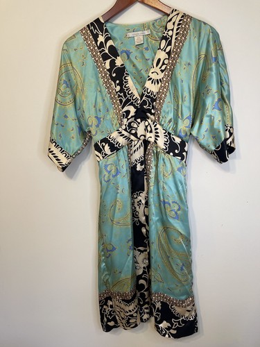 Single Silk Dress Kimono V Neck Aqua Black Floral Tie waist L Flowy Artsy - Picture 6 of 14