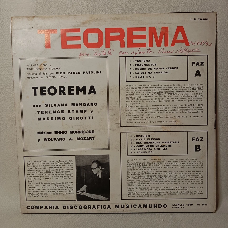 Teorema - Ennio Morricone OST Argentina Pressing LP Vinyl Record - Image 2 of 4