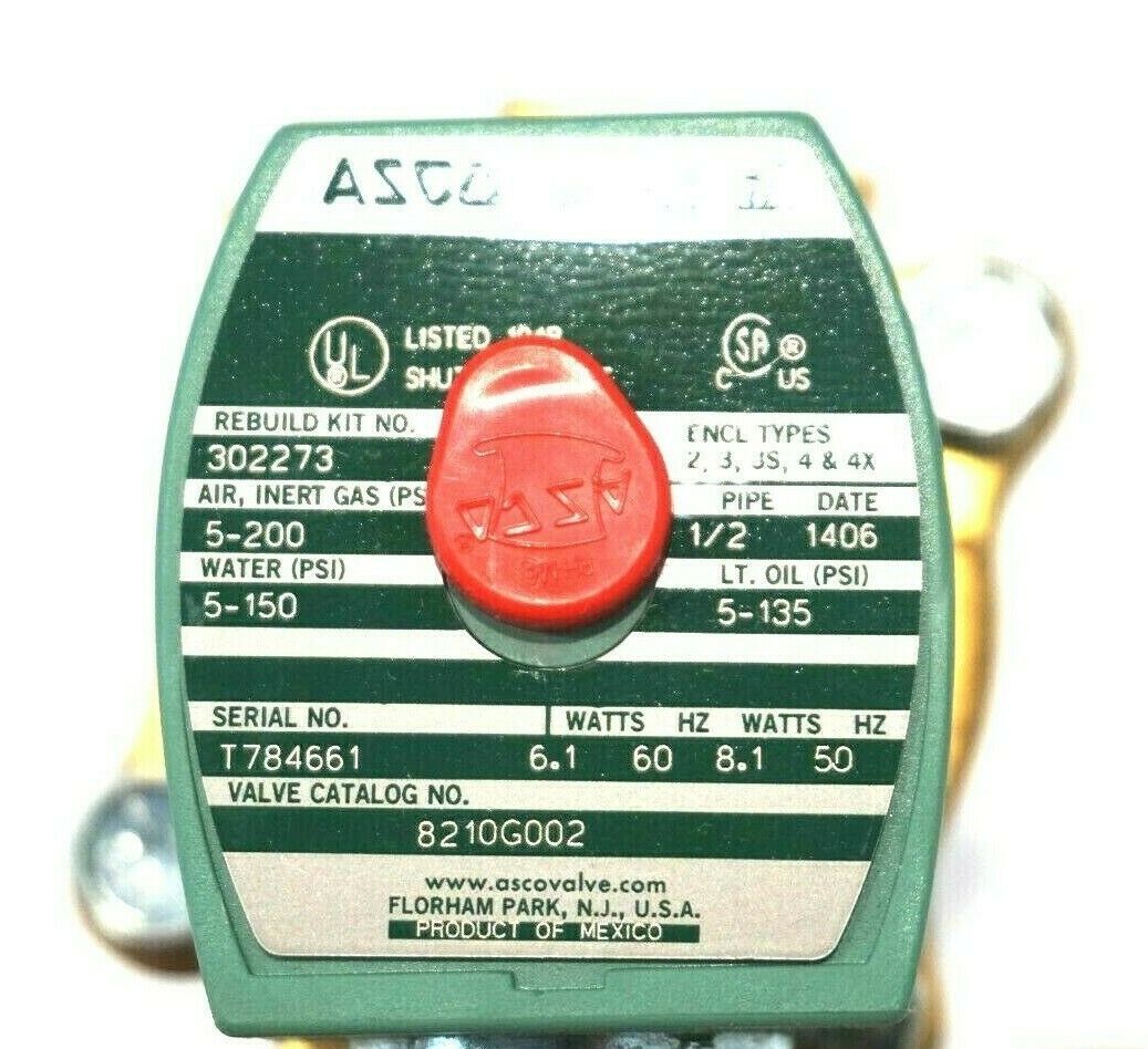 Elettrovalvola ASCO 8210G002LF, 1/2 NPT, 120VAC, Bobina Inclusa, Nuova, Spedizione Immediata