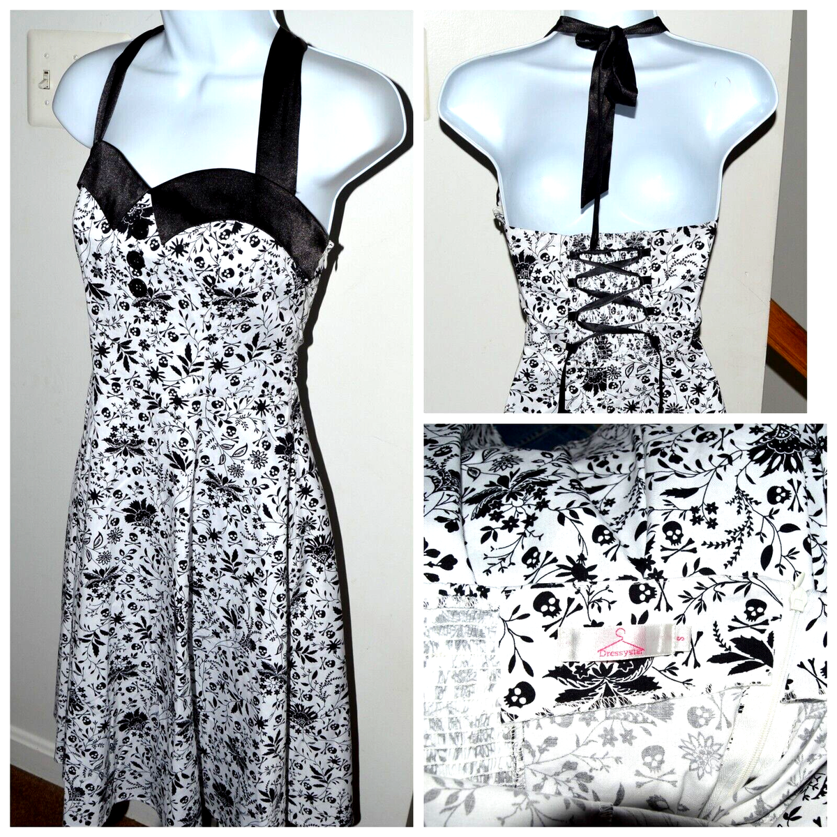 NWOT Dressystar Skull & Crossbones Halter Dress Black White 50's Style  Ladies S