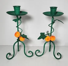 Set Of 2 Decorative Metal Candlestick Holder with Pumpkins Green Multi 8"