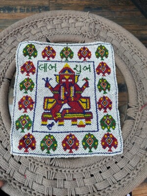 Vintage Handmade Multi colors Beads Work God Ganesha Figure Wall Hanging Panel