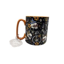 10 Strawberry Street Halloween 18 oz Coffee Soup Mug Skulls Peace Orange NEW