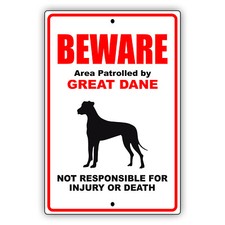 Beware Of Dog Area Patrolled By Great Dane Dog Alert Safety Aluminum Metal Sign