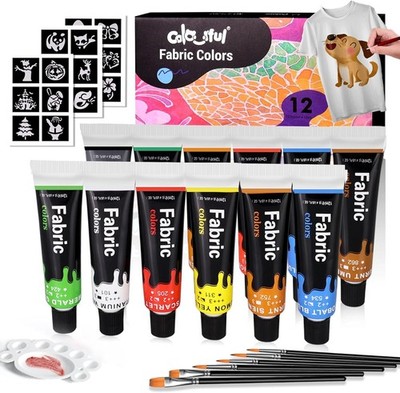 Colorful Fabric Paint Set for Clothes 12 Colors - Permanent Textile Paint Kit