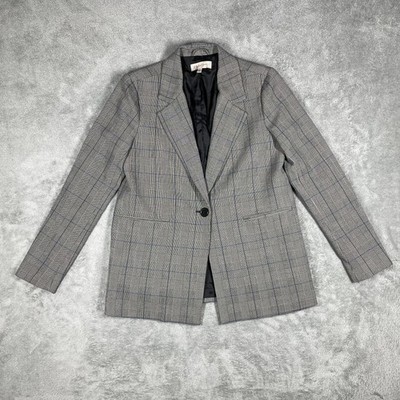 Philosophy Blazer Womens 4 Gray Plaid Mid-Length Lined Pockets Button Collared