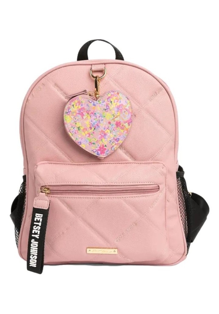Betsey Johnson Womens Blush Pink Backpack Quilted Zipper Pockets Lined Logo BETSEY JOHNSON OFF THE CHAIN HEARTS BACKPACK main image 3