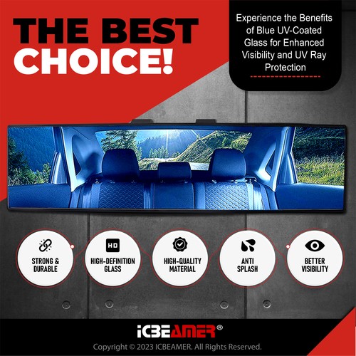 Universal ICBEAMER 300mm Convex Blue Tint Interior Clip On Rear View Mirror F604 - Picture 2 of 8