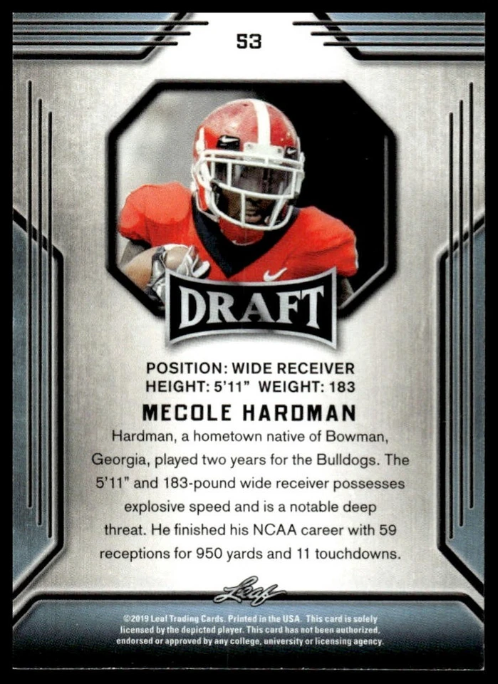 2019 Leaf Draft #53 Mecole Hardman Gold [GOATCARDS] - Image 2 of 2