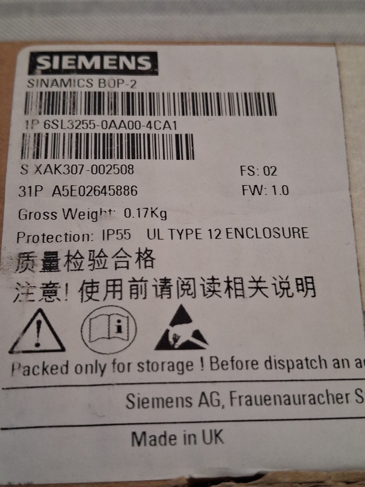 Siemens inverter drive controller 6SL3255–0AA00-4CA1 Operator Panel Keypad