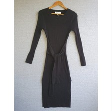 Gray Label Dress Sz 10 Black Knit Ribbed Long Sleeve Midi Bodycon Tie Waist
