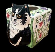 Vintage Cats by Nina Ceramic Kitty Cat Tissue Box Cover Black  White Cat EUC