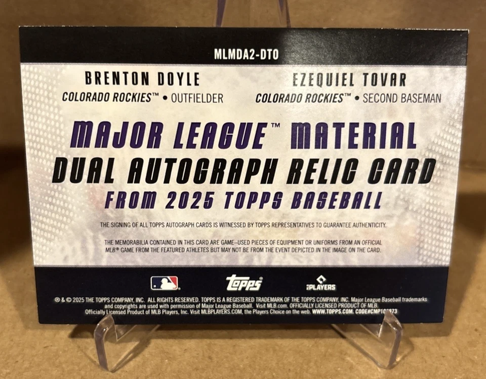 2025 Topps Update BRENTON DOYLE EZEQUIEL TOVAR #MLMDA2-DTO Dual Auto Relic /50 - Image 2 of 2