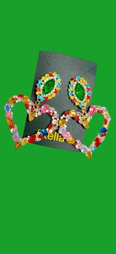 3” multicolored rhinestone heart earrings pierced stud dangling oversized NEW - Picture 2 of 2