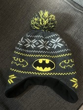 Batman Knit Fleece Lined Winter Hat Cap Beanie Earflaps Youth Pom Pom