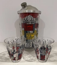 Cocktail Recipe Glass Shaker Mid-Century Paris Moulin Rouge With Shot Glass MCM
